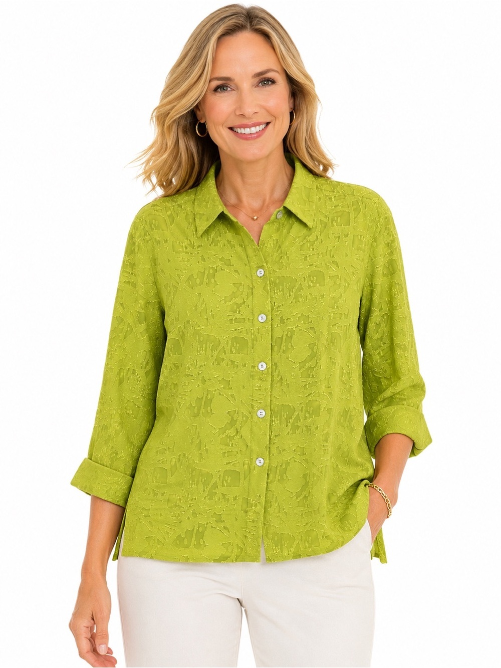Chico’s Size 2 Large 100% Silk Lime Green Jacquard Button Front Blouse Shirt